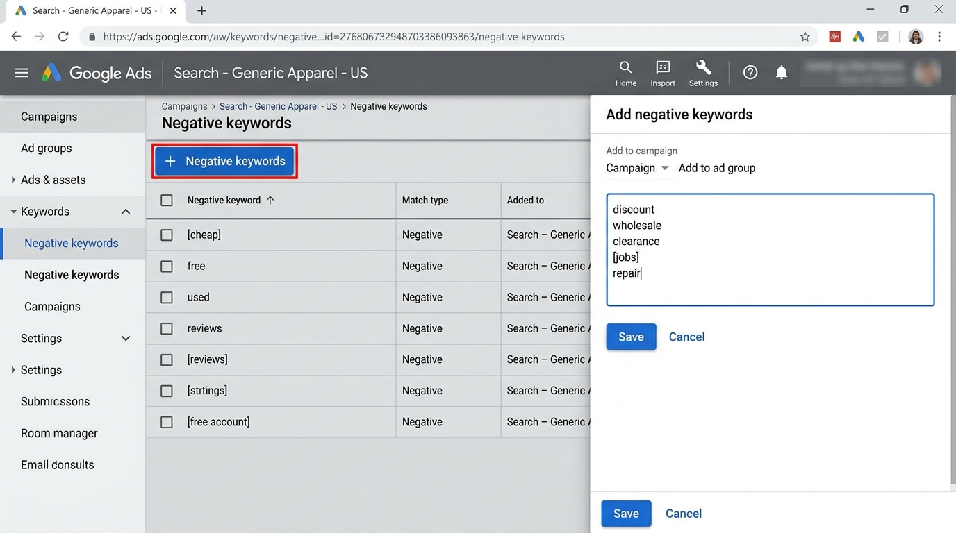 Add negative keywords in Google Ads