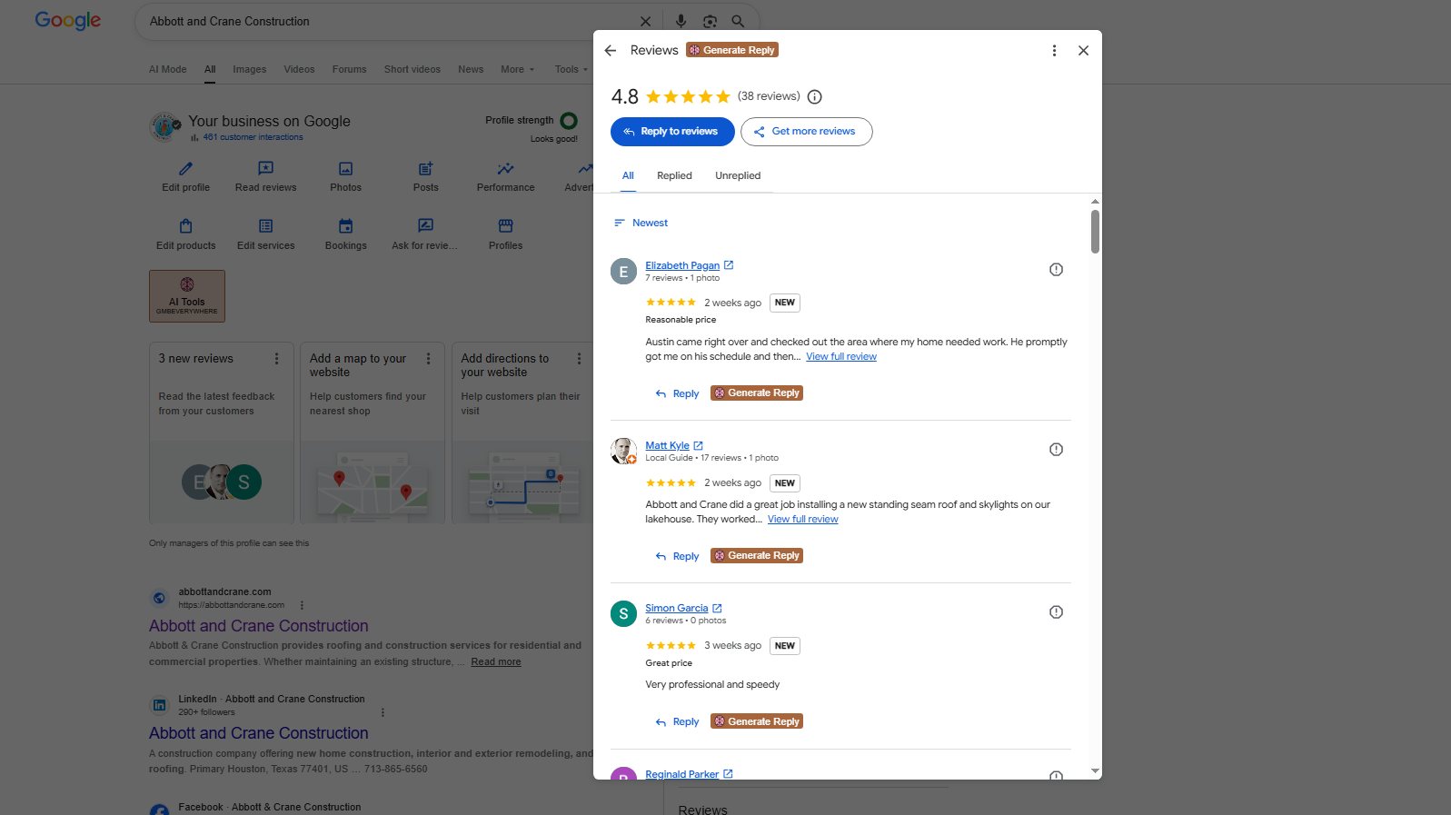 Google Business Profile reviews panel showing customer reviews