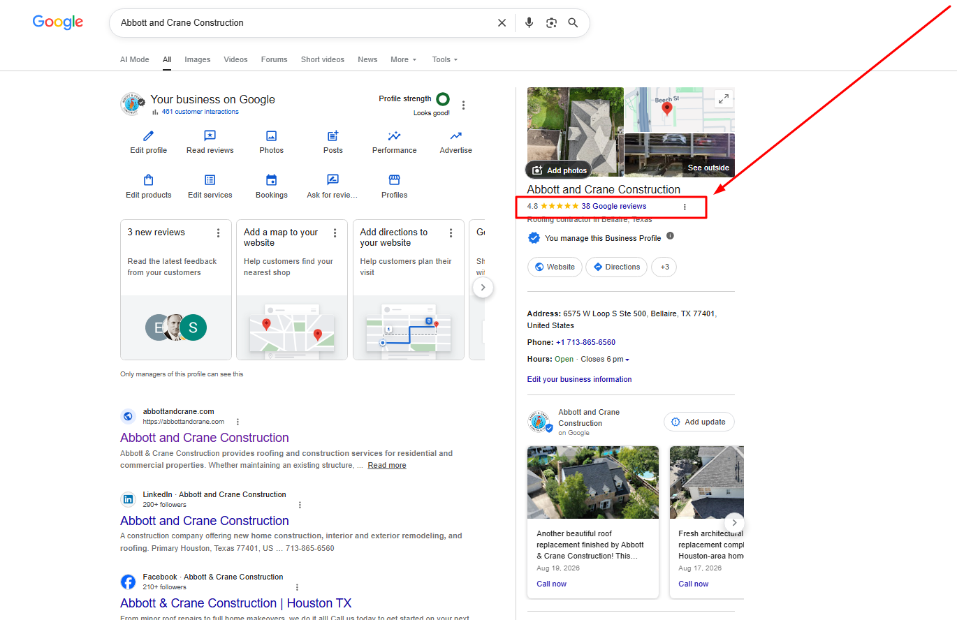 Google search view showing the Manage Google Business Profile link