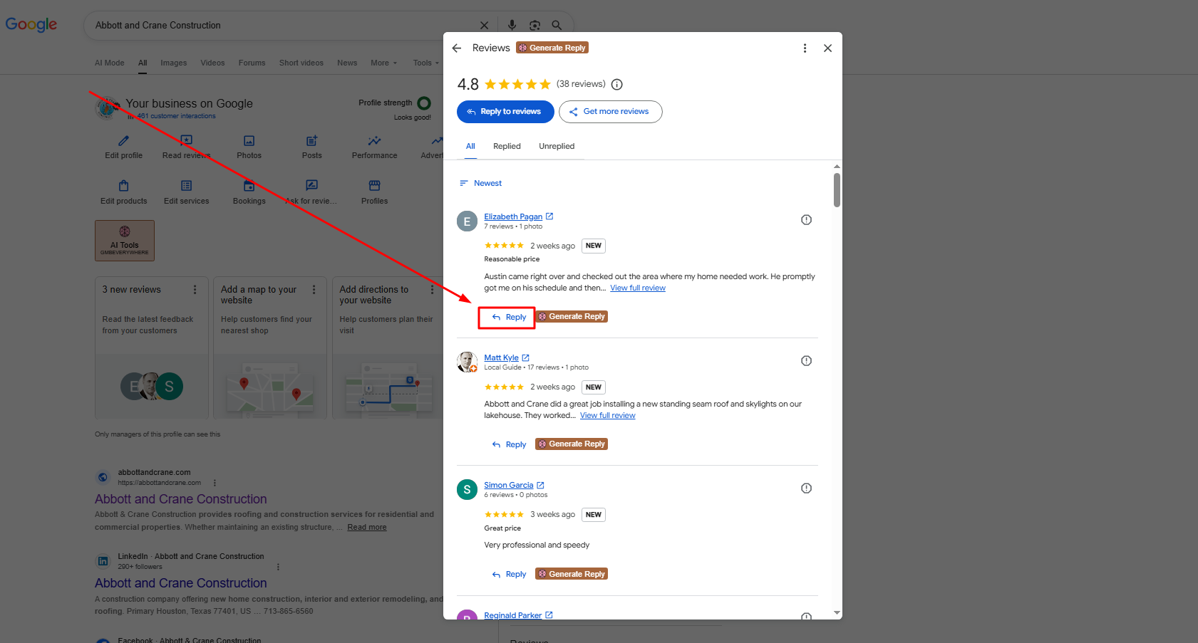 Reply button beneath a Google Business Profile customer review