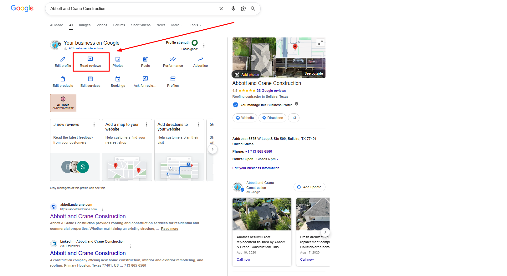 Google Business Profile management panel with the Read reviews option highlighted