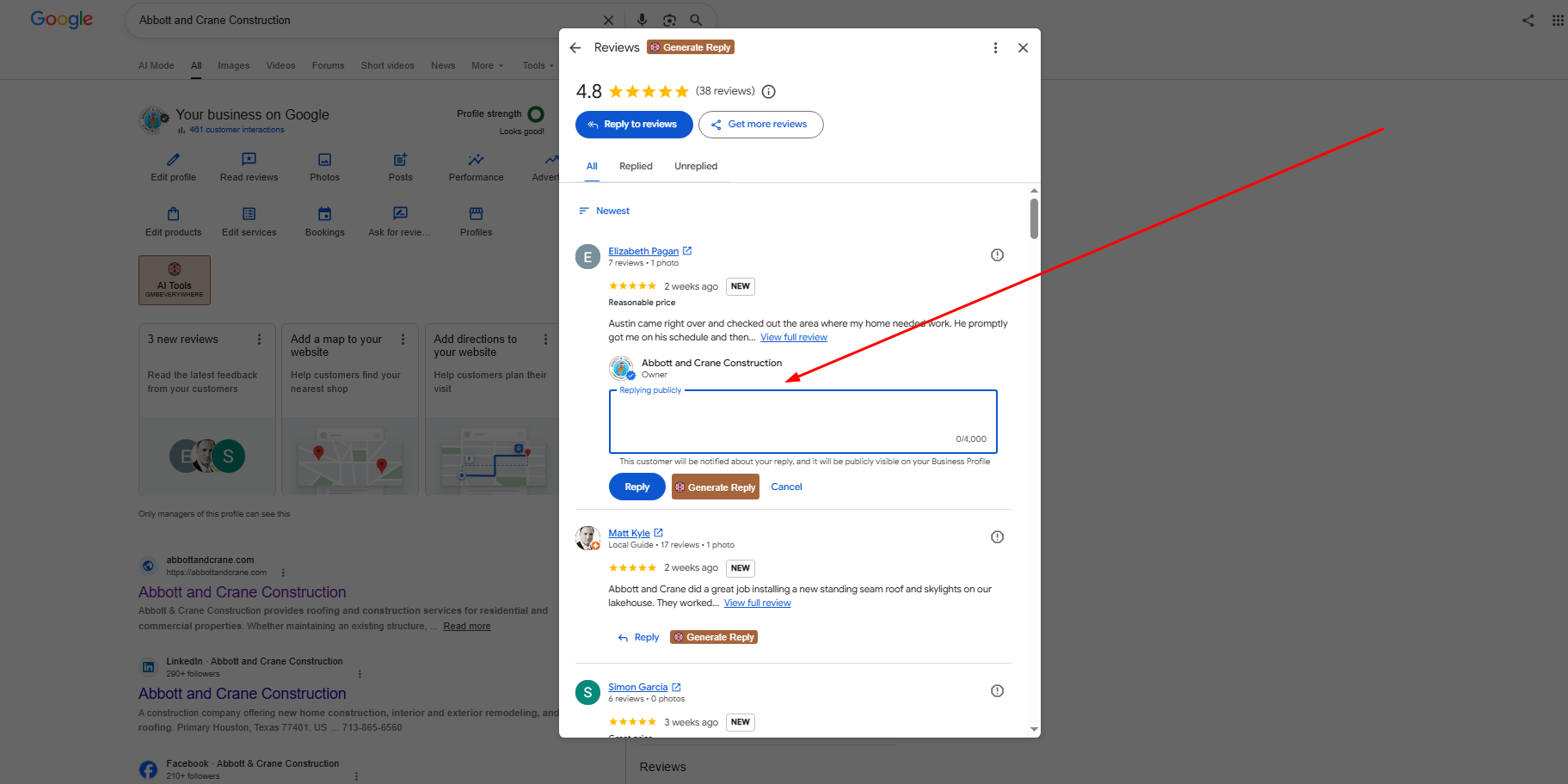 Google Business Profile reply field for writing a response to a review