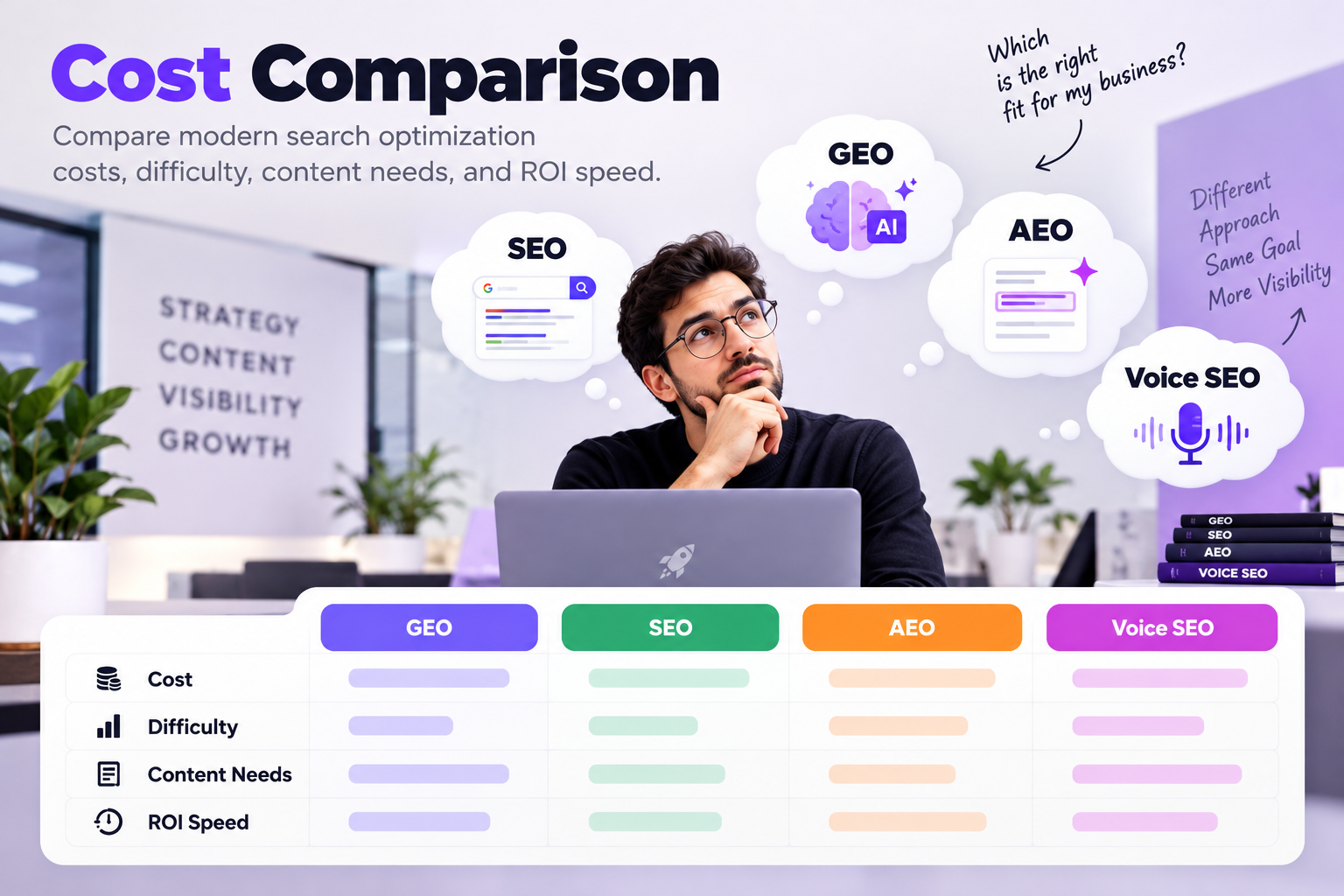 SEO strategy cost comparison guide illustrating differences in SEO optimization budgets and service strategies