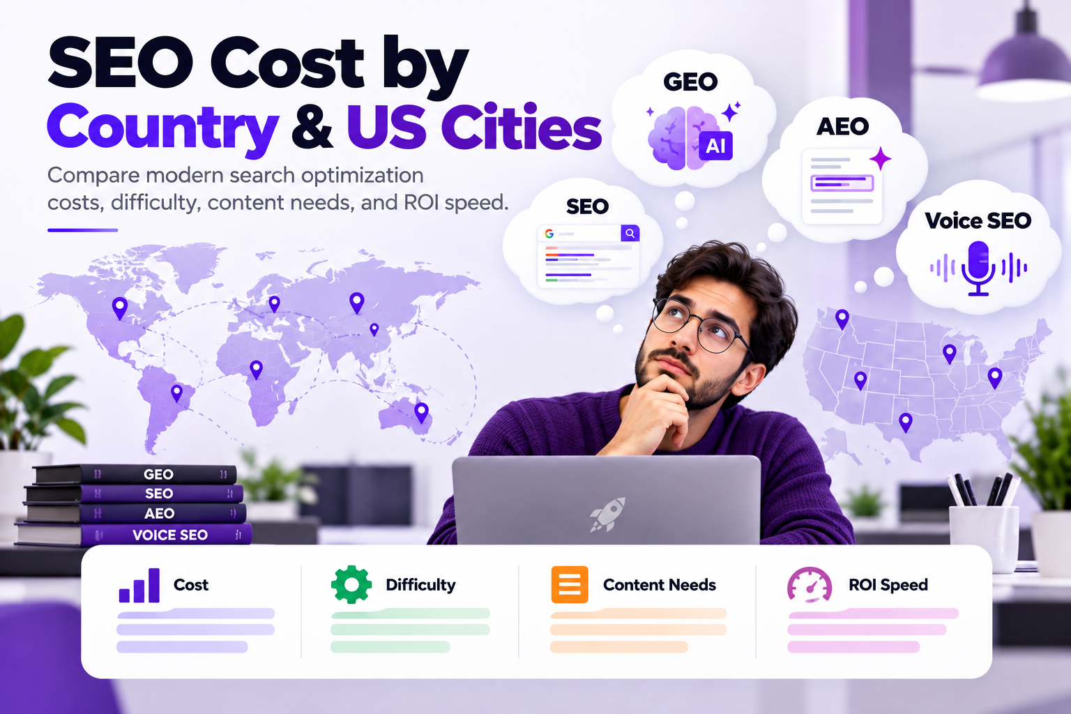 SEO costs by country and US city comparison showing monthly SEO pricing, regional hourly rates, and market competition